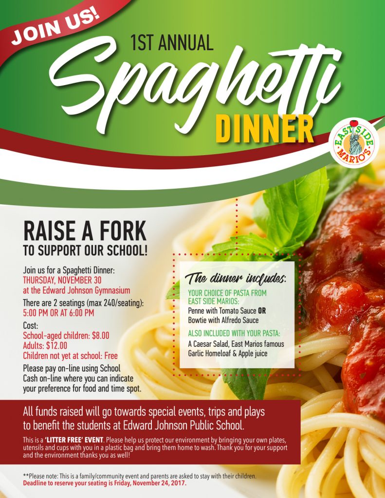Spaghetti Supper Thursday, November 30 (École Edward Johnson Public School)